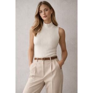 Banana Republic Franki Merino Wool Mock Neck Tank XL Cream Ribbed Sleeveless Top